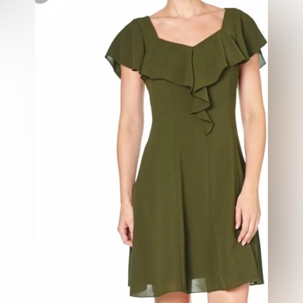Adrianna Papell Women’s 4 Olive Green Crepe Ruffle Shift Dress Mini